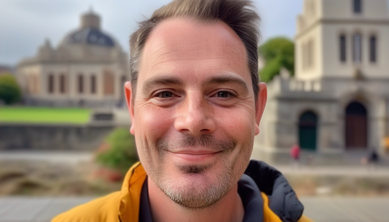 Alex Leathard, offering a warm and experienced smile with historic architecture visible behind him, representing coaching and mentoring.