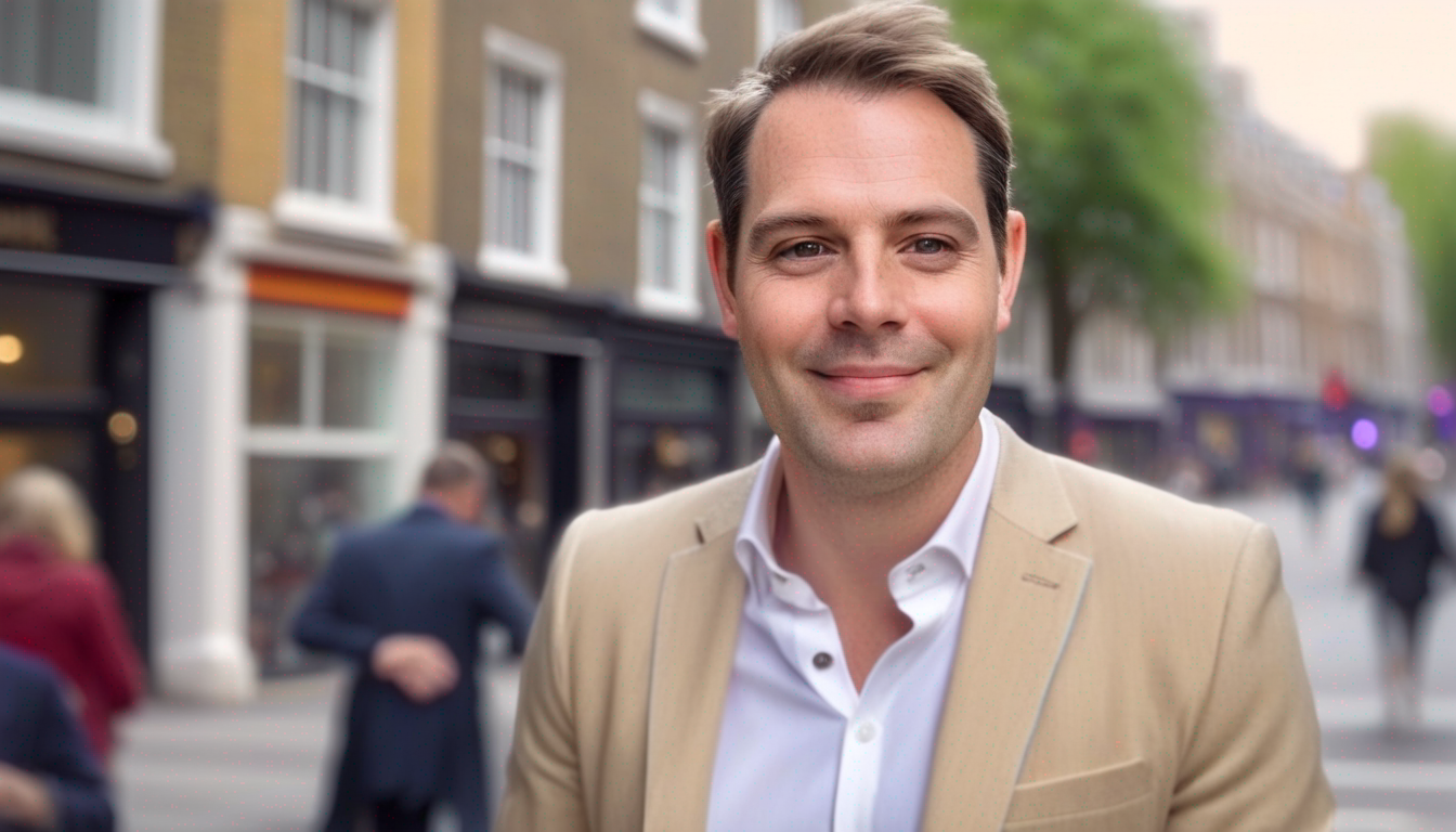 Alex Leathard, a business consultant, smiling confidently in an urban environment.