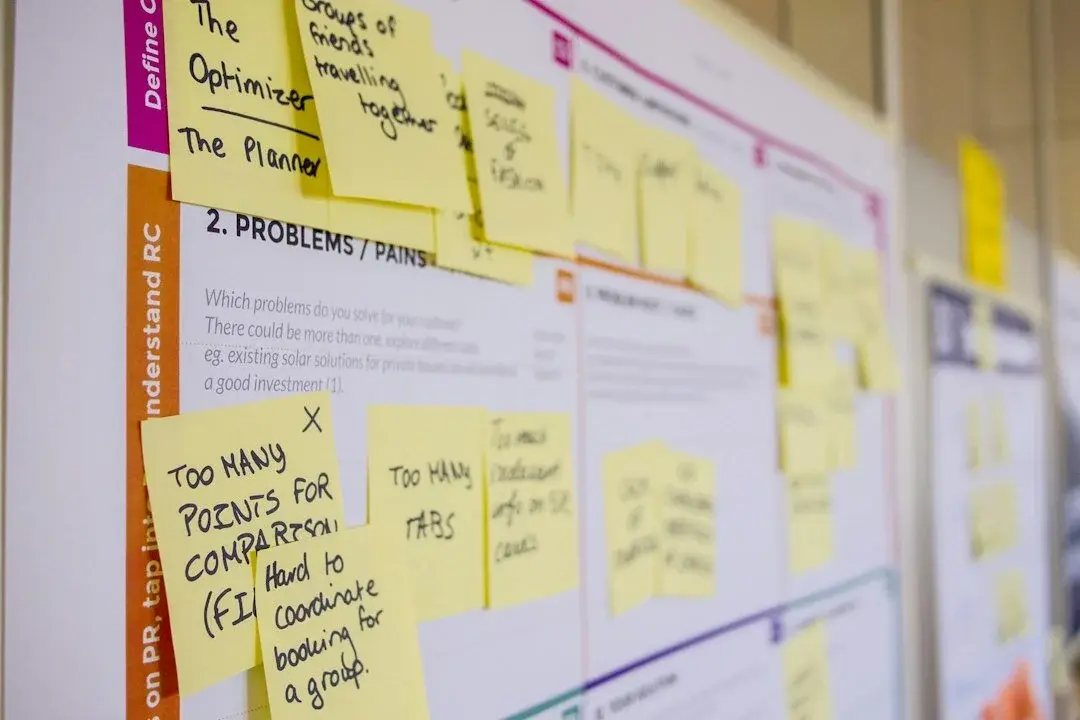 A detailed whiteboard filled with diagrams, sticky notes, and concepts, illustrating a strategic process of identifying problems and mapping out solutions during a workshop.
